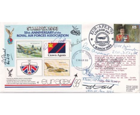 RAF Association cover Signed 9 Battle of Britains Pilots, Artist, Jockey. 5 March 1993 Eur Apex London SW1 Stampex Croydon Ai