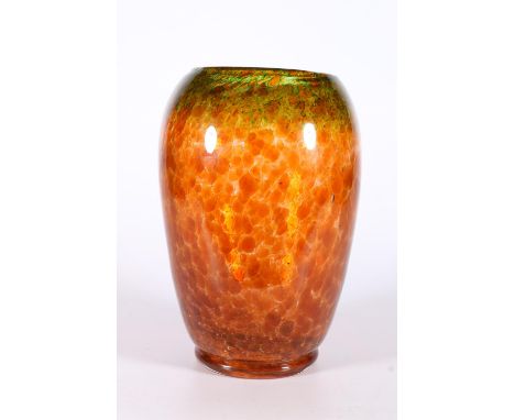 Scottish art glass, a Monart orange and green mottled glass vase of ovoid form, 23cm tall. Top rim has light scratching. Scuf