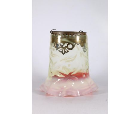 Brass and vaseline glass pendant light with cranberry inner edge of ruffled base, 24 x 17cm. 