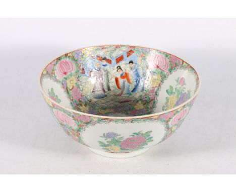 Chinese famille rose punch bowl, painted in enamel soft colours and depicting an imperial court scene, 14 x 30cm.