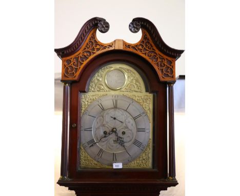 Antique mahogany cased longcase 'Grandfather' clock, the silvered dial with Roman and Arabic numeral chapter ring, subsidiary