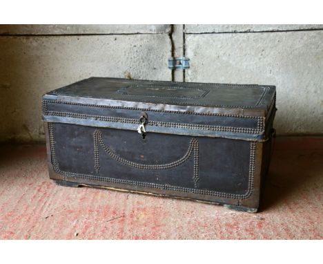 Zanzibar chest, a camphor wood trunk, with studded metal exterior and unfitted interior, 35 x 78 x 40cm. 