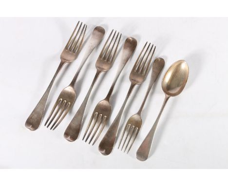 Set of five silver table forks by Joseph Mayer of Liverpool, hallmarks for Exeter 1871, also a matching dessert fork and a de