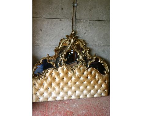 Rococo style bed headboard having button back head rest and mirrored upper section encircled by floral and C-scrolls, 134cm t