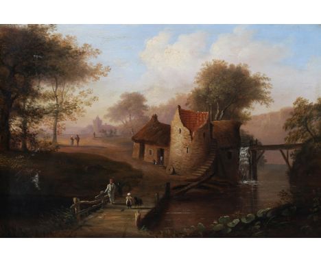 19TH CENTURY SCHOOL  Mill and lade on a river  Oil on board, unsigned, 27cm x 40cm, gilt frame 40cm x 53cm. Another of childr