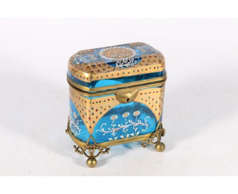 Antique blue glass casket with applied enamel and gilt decoration in the manner of Moser of the Czech Republic, 14cm tall.  S