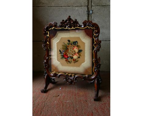 Victorian tapestry and stumpwork panel depicting fruits, within&nbsp; an elaborately carved frame, 79 x 70 x 33cm.