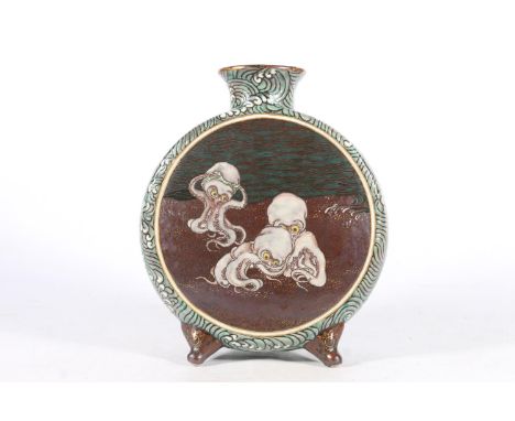 Japanese pottery moon flask decorated on one side with Octopus tightening bandana and two octopuses fighting, the other side 