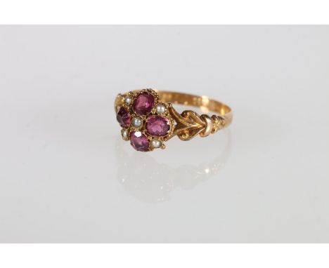 Antique 15ct gold ruby and seed pearl ring, 2.0g. Good overal condition. Wear and tear commersuarate with age and use Some ru