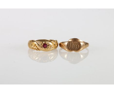 18ct gold ruby ring, size I, 2.7g and a gold signet ring, 1.4g. (2) 