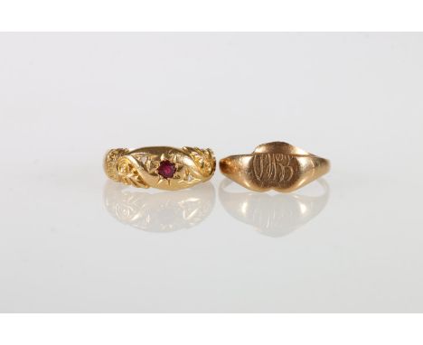 18ct gold ruby ring, size I, 2.7g and a gold signet ring, 1.4g. (2) 