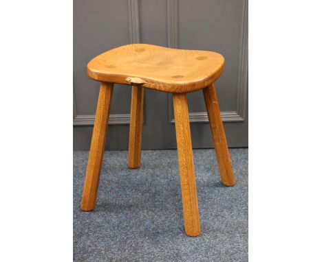 Robert Mouseman Thompson of Kilburn, an oak four-legged cow stool with shaped adze top seat, with mouse "signature" to the ed