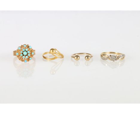 9ct gold diamond cluster ring, size R, 2.4g, a 9ct gold horseshoe barbell ring 1.3g, an Arabic yellow gold ring set with turq