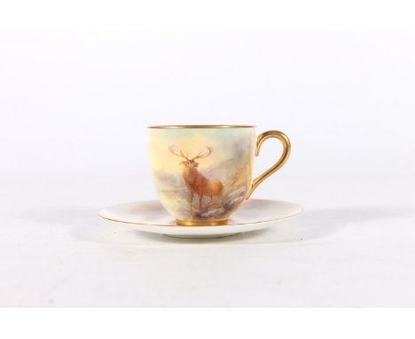 Royal Worcester porcelain cabinet cup and saucer decorated with stag design and signed 'Stinton', date code for 1934, purple 