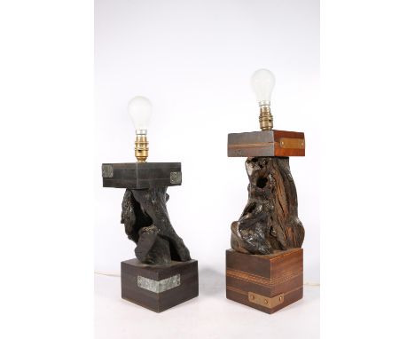 Pair of burr root wood table lamps on hardwood blocks with satinwood stringing, 42cm to top of lamp holder. 