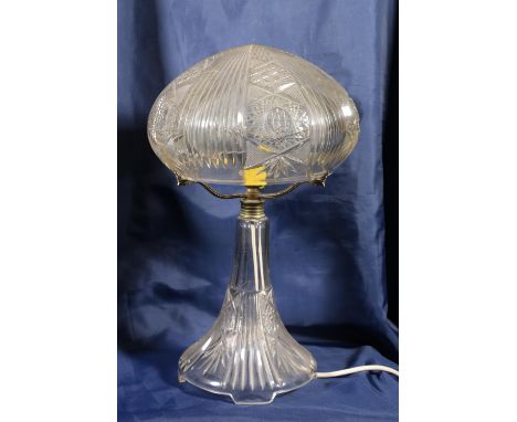 Edinburgh Crystal style cut glass table lamp with mushroom shade, 38cm tall. 