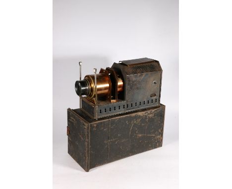 Houghton-butcher projector, 22cm, with traveling case and collection of glass slides. 