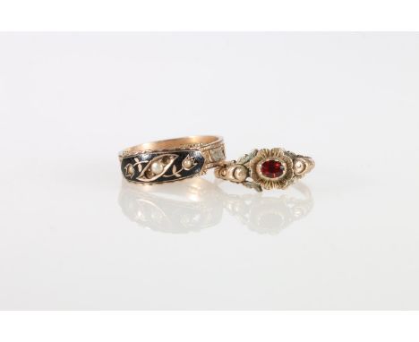 Antique unhallmarked gold dark ruby or garnet ring, size P, 1.7g and a 9ct gold black enamel and pearl set mourning ring of b