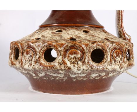 Mid-century West German Stein-Keramik fat lava style pottery table lamp with circular reticulation and&nbsp;additional interi