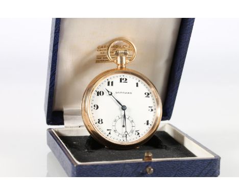 Garrard 9ct gold cased open-faced keyless pocket watch, the white enamel dial with Arabic numeral chapters and subsidiary sec