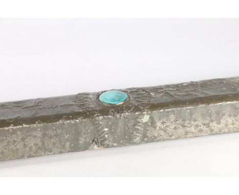 Art Nouveau white metal curb fender with blue enamel Ruskin style roundels, 137cm long. 