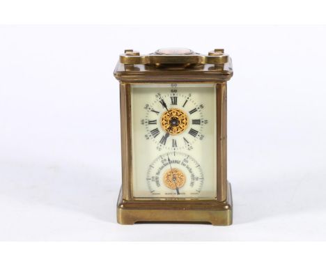 19th c. French carriage clock with barometer to dial, and compass to top, formerly also with thermometer, 15cm with handle.Gl