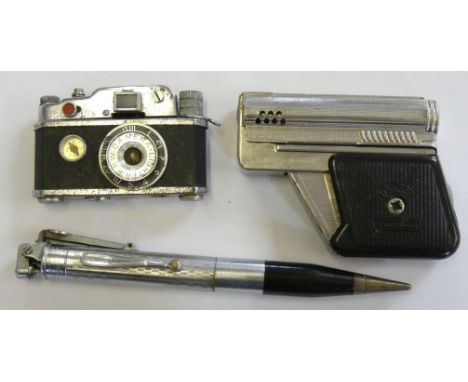 A KKW Camera lighter, an Imco Sunlite pistol lighter and a Ronson propelling pencil lighter (3) 
