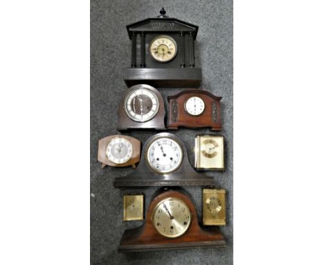 Two Anniversary mantle clocks with plastic domes, a reproduction lantern clock and various other clocks (2)