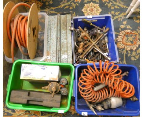 A quantity of garage tools, to include a spot blaster and air gauges 