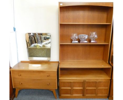 A Nathan teak wall unit, 102cmx194cm, open two shelf top over open drawer twin cupboard base and a teak two drawer mirror dre