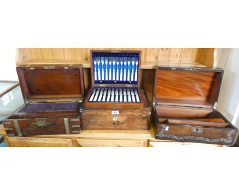 A Victorian mahogany and brass bound writing slope, incomplete interior, another similar with mother of pearl inlay, a parque