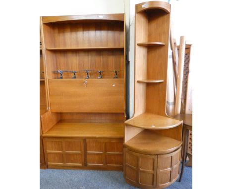 A Nathan teak wall unit, single shelf over fall front bureau, over cupboard base, 102cm wide x 194cm tall, together with a ma