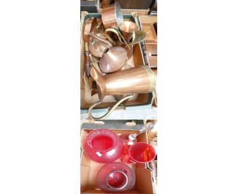 A collection of copper kettles and pans together with four pieces of ruby glass 