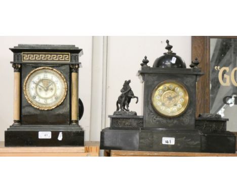 A black slate mantle clock with exposed movement and another with cast hunting scenes and one Marley Horse (2) 