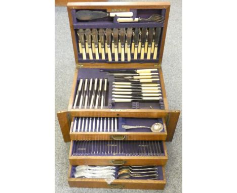 A three drawer canteen chest of cutlery by Jeff Round &amp; Son Sheffield, to include sauce ladle, teaspoons, table spoons, d