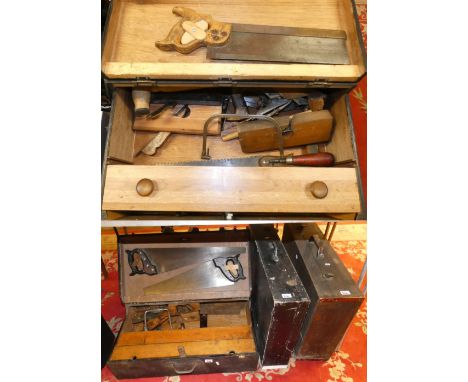 Four vintage wooden tool boxes with various tools 