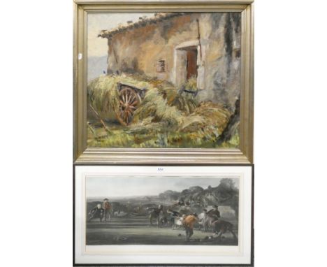 Haver, 20th century, French farmyard scene, St. Remy de Provence, dated May 1943, oil on board, 60x70cm and The Bowlers print