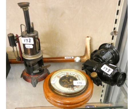 An early cycle lamp, together with a steam engine, barometer and a bone handled walking cane (4). 