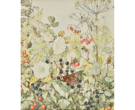 *Mannes-Abbott (Sheila (1939-2014)). A stoat amongst autumn vegetation, watercolour, depicting a mass of intertwining foliage