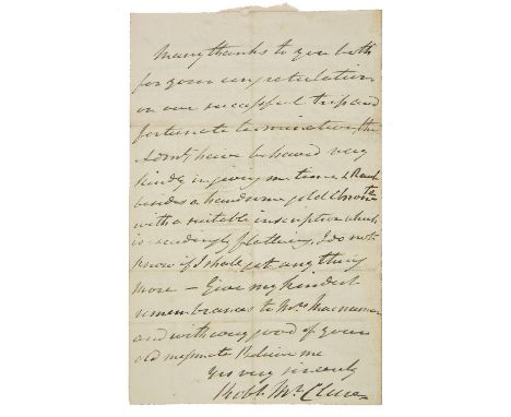 *McClure (Robert, 1807-1873). Autograph letter signed, 'Robt. McClure', Ballyleek House, near Monaghan, 11 December 1854,  to