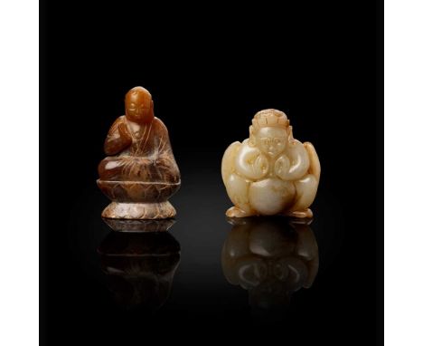 TWO JADE CARVINGS OF RELIGIOUS FIGURES MING TO QING DYNASTY    明至清 青白玉雕迦樓羅 及 青玉雕坐佛 （共兩件） one pale celadon carving of a squatt