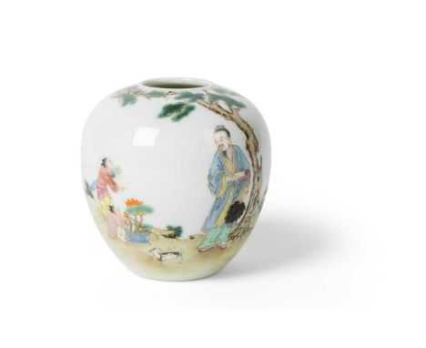 FAMILLE ROSE 'LITERATI' JAR YONGZHENG MARK BUT 20TH CENTURY   二十世紀 雍正款 粉彩文人持卷賞荷圖小罐 the bulbous body painted with a literati h