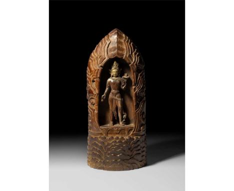 CARVED WOOD FIGURE OF PADMAPANI LOKESHVARA WITHIN A GROTTO  QING DYNASTY  清 木雕蓮華手菩薩立像龕 finely worked with the Bodhisattva sta