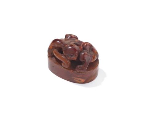 SOAPSTONE 'CHI-DRAGON' SEAL 19TH-20TH CENTURY  十九至二十世紀 壽山石螭龍鈕章 of ovoid form with the finial carved in openwork and high reli