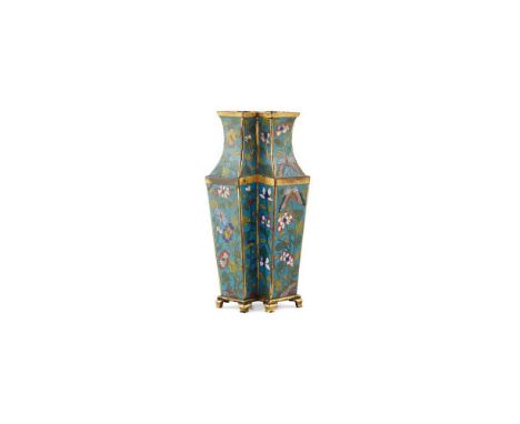 CLOISONNÉ ENAMEL CONJOINED VASE QING DYNASTY, 19TH CENTURY   清 銅胎掐絲琺瑯花蝶紋方勝瓶 cast in the shape of intersecting lozenges, decor