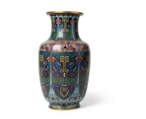 CLOISONNÉ ENAMEL 'ARCHAISTIC' BALUSTER VASE TIANLI MARK, LATE QING DYNASTY TO REPUBLIC PERIOD, 19TH-20TH CENTURY  清末民初 天利款 銅胎