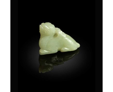 PALE CELADON JADE CARVING OF A CHIMAERA QING DYNASTY, 18TH CENTURY   清 青白玉雕瑞獸把件 finely carved in seated position with legs tu