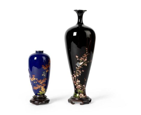 NAMIKAWA YASUYUKI (1845-1927)  TWO FINE CLOISONNE ENAMEL VASES, MEIJI PERIOD   明治 「京都並河」款 並河靖之（1845-1927）作坊製 銅胎掐絲琺瑯楓樹紋及花鳥紋瓶 共