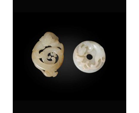 TWO WHITE JADE CARVINGS OF PENDANTS QING DYNASTY, 19TH CENTURY   清 白玉雕螭龍吊墜（共兩件） one carved in high relief with a chi-dragon h