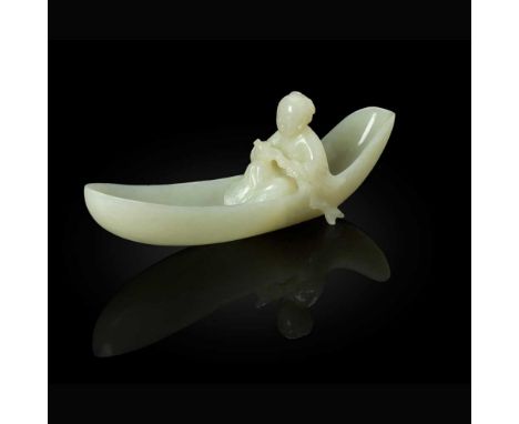 WHITE JADE CARVING OF A SAMPAN AND FISHERMAN  QING DYNASTY, 18TH CENTURY   清 白玉雕漁人舟楫擺件 finely carved with a fisherman seated 